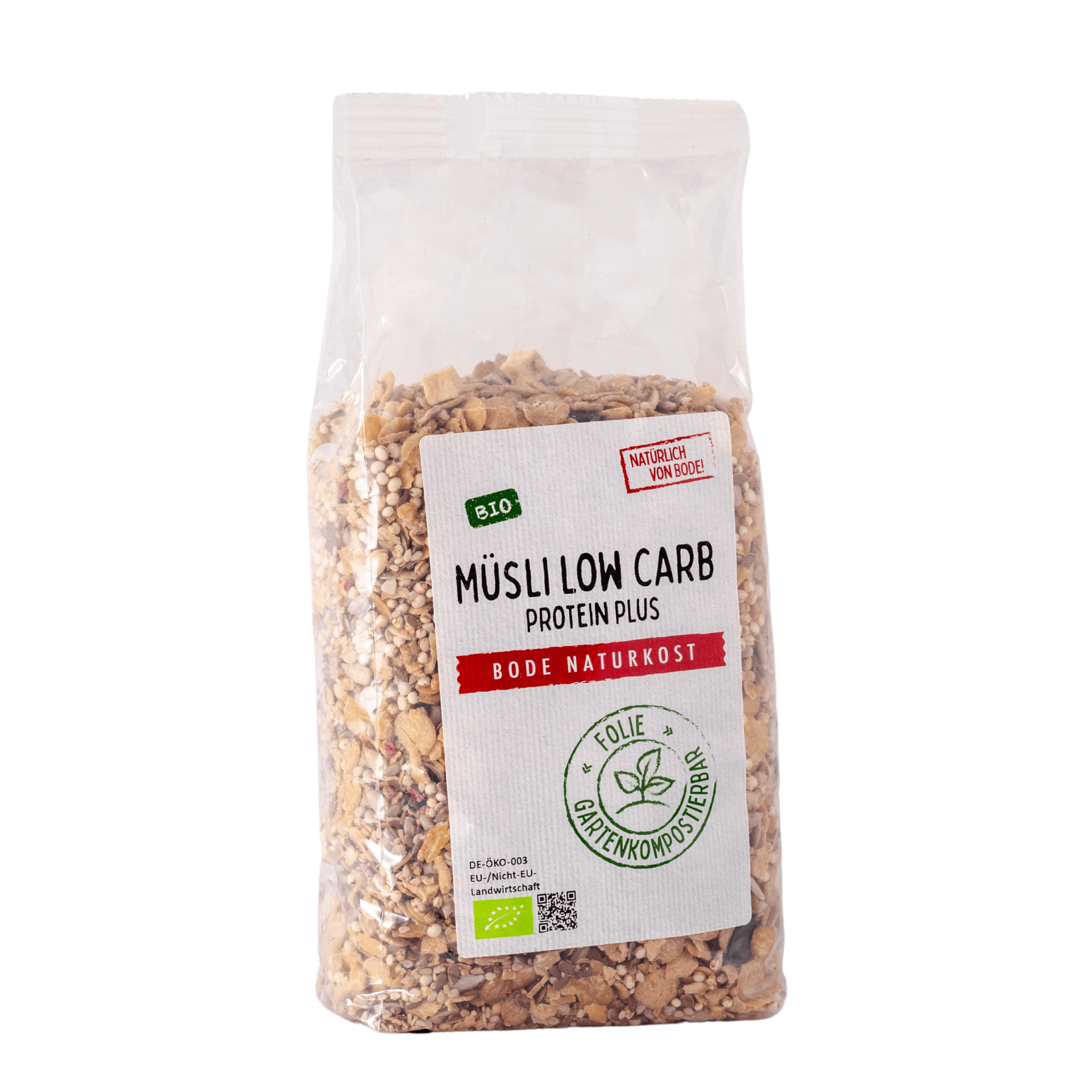 Muesli Low Carb Protein plus Bio, saco compostável 6x500g