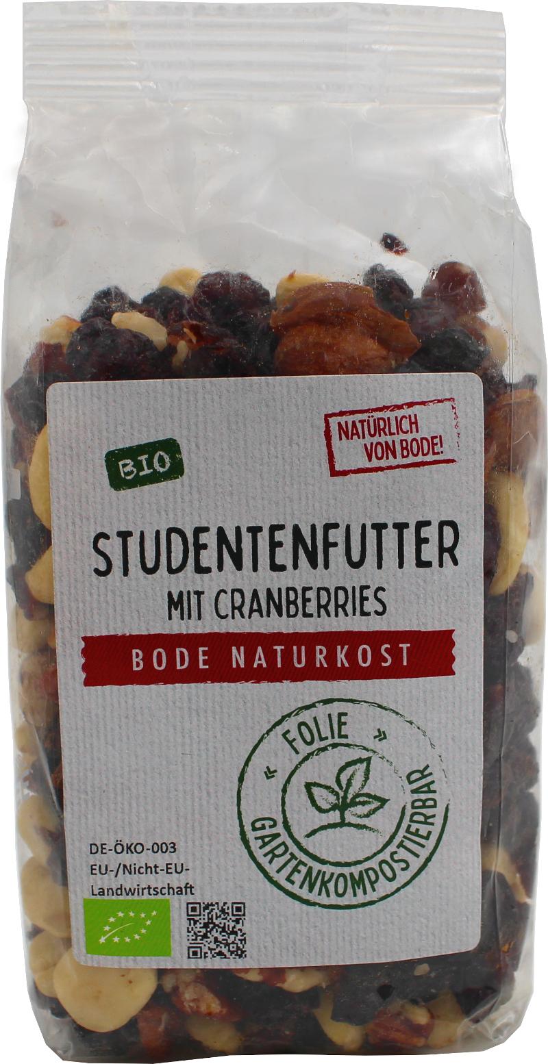 Mistura de frutos secos para estudantes com cranberries biológicos e núcleos de noz-pecã, embalagem compostável 6x250g