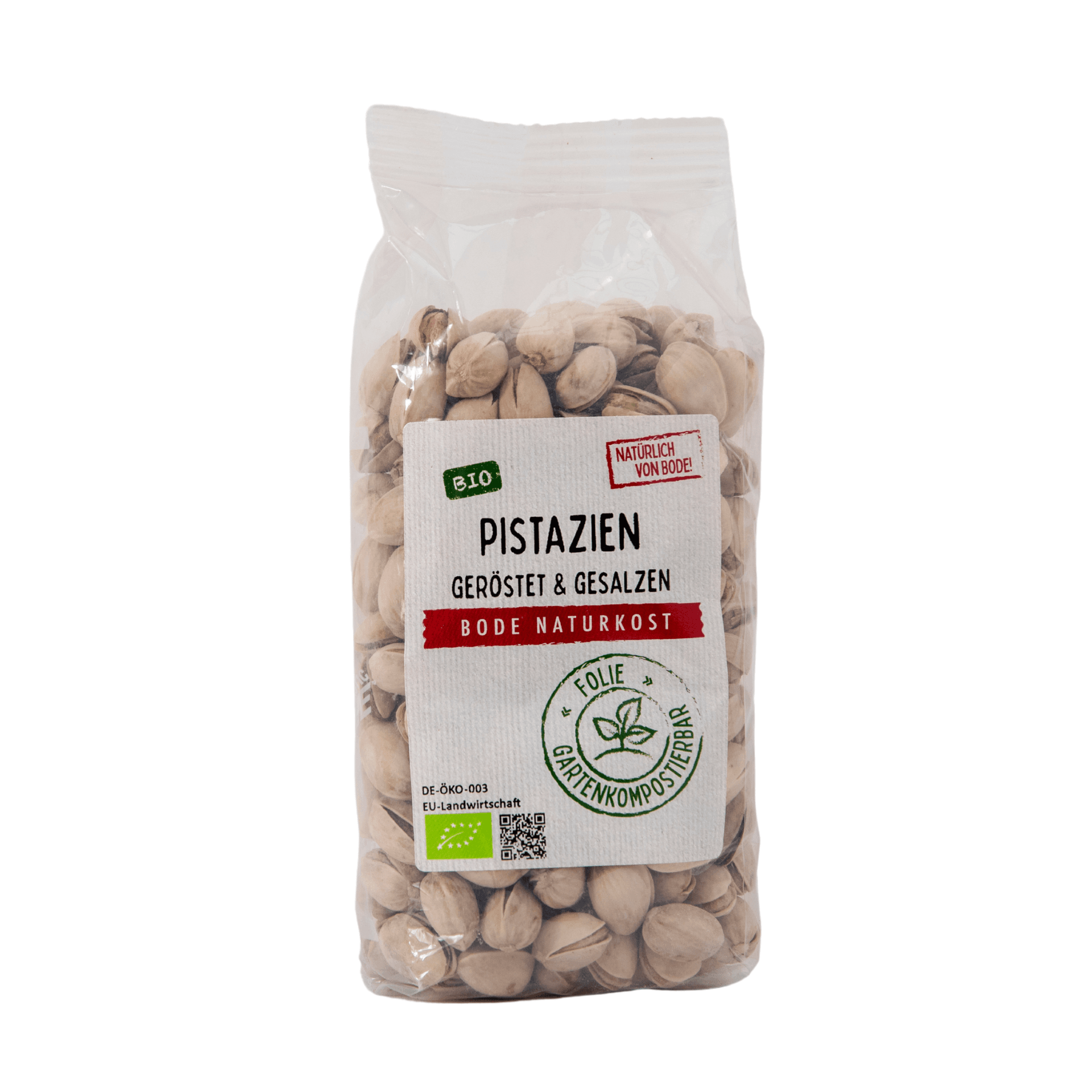 Pistácias assadas e salgadas com casca biológica, saco compostável no jardim 6x250g