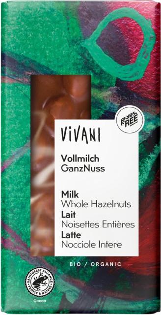 Chocolate de mesa com leite inteiro e avelãs inteiras Biológico Vivani 10x100g